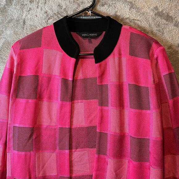 Ming Wang Hot Pink Black Color Checkered Cardigan Jacket Womens Size Large - Picture 2 of 7